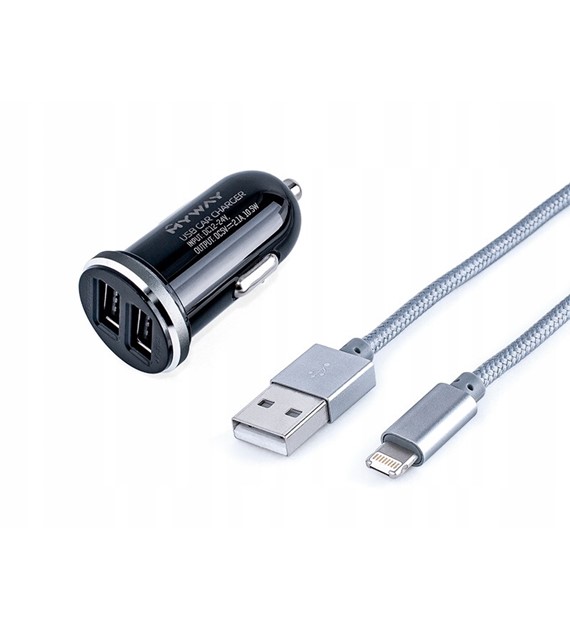 Ładowarka MY WAY 12/24V 2x USB 2,1A + kabel z zespoloną wtyczką microUSB + Lightning