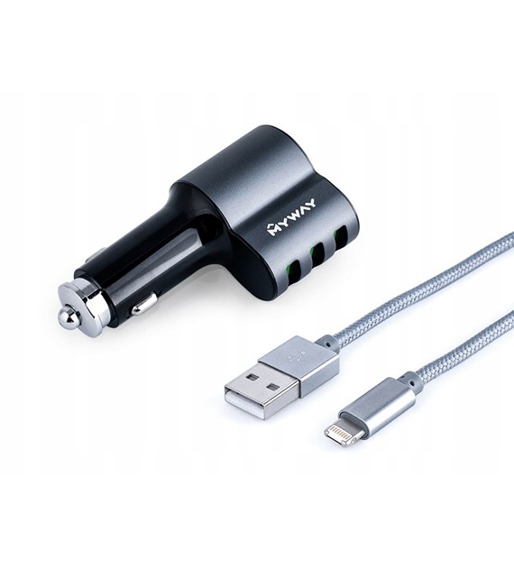 Ładowarka MYWAY 12/24V 3x USB Auto-ID max 5,1A z gniazdem zapalniczki kabel z zespoloną wtyczką microUSB + lIGHTING