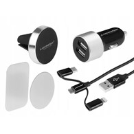 Zestaw podróżny ładowarka 2X usb 3,1A + KABEL 3w1 micro USB lighting USB-C + uchwyt magnetyczny na wlot powietrza