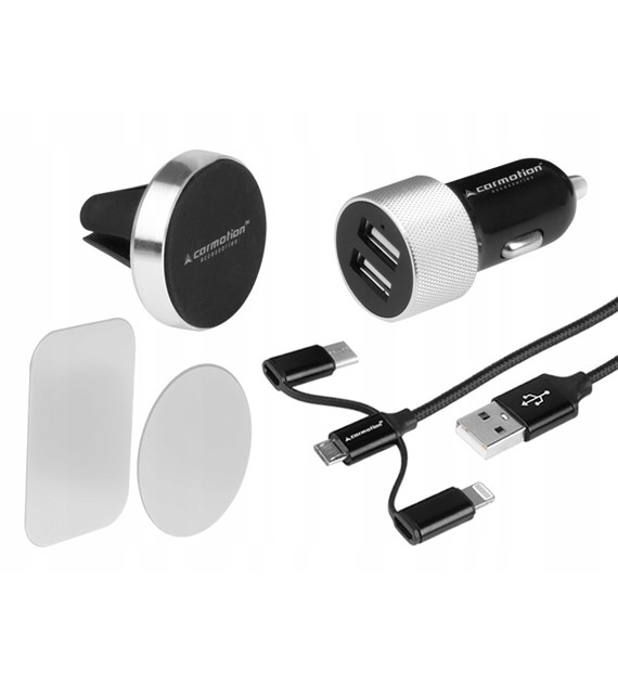 Zestaw podróżny ładowarka 2X usb 3,1A + KABEL 3w1 micro USB lighting USB-C + uchwyt magnetyczny na wlot powietrza