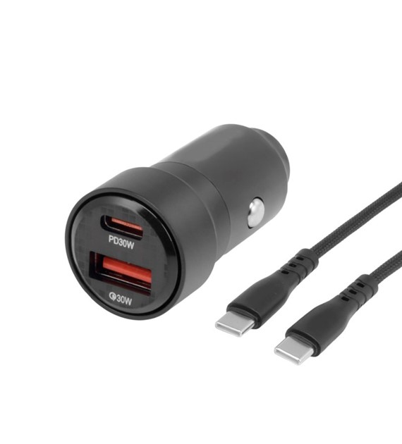 Ładowarka 12/24V, USB 30W + USB-C PD 30W + kabel USB-C > USB-C 100 cm, max 60W