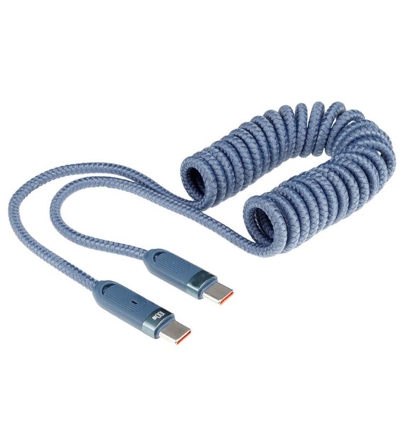 Kabel do ładowania i synchronizacji, w oplocie z mikrofibry, spiralny, 50 - 180 cm, USB-C > USB-C, max 100W, niebieski