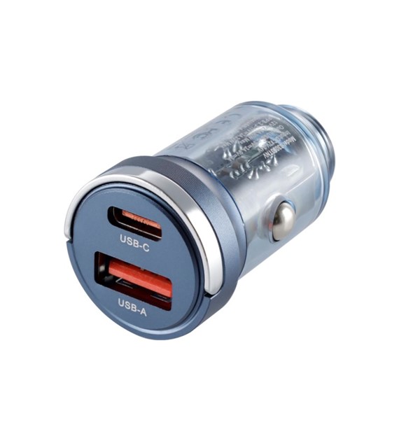 Ładowarka 12/24V, USB 18W + USB-C PD 33W, z pierścieniem, przezroczysta niebieska