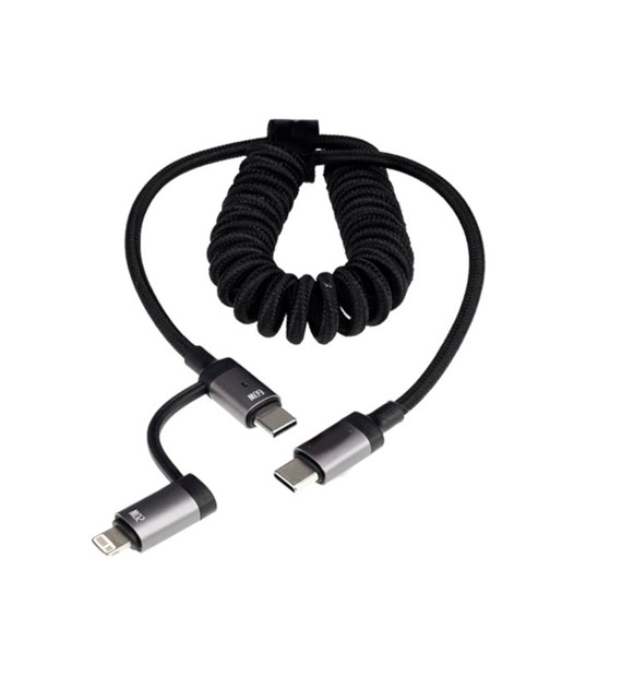 Kabel do ładowania i synchronizacji, w oplocie z mikrofibry, spiralny, 50 - 150 cm, USB-C > USB-C / Lightning, max 60W