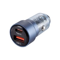 Ładowarka 12/24V, USB 30W + USB-C PD 45W, przezroczysta niebieska