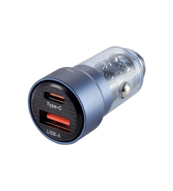 Ładowarka 12/24V, USB 30W + USB-C PD 45W, przezroczysta niebieska