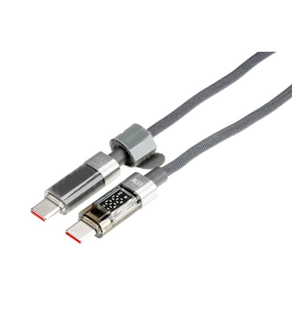 Kabel do ładowania i synchronizacji, w oplocie z mikrofibry, 100 cm, USB-C > USB-C, max 100W z wyświetlaczem, szary